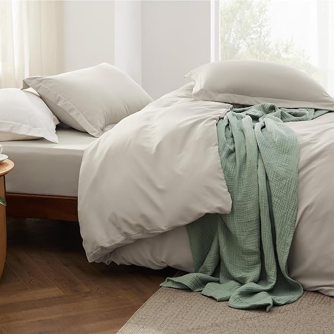 Bedsure Duvet Cover Queen Size with Fitted Sheet - 4 Pieces Prewashed Cotton-Like Extra Soft Bedding Set, Includes 1 Duvet Cover 90x90 Inches with Zipper Closure, 2 Pillow Shams, 1 Fitted Sheet, Linen