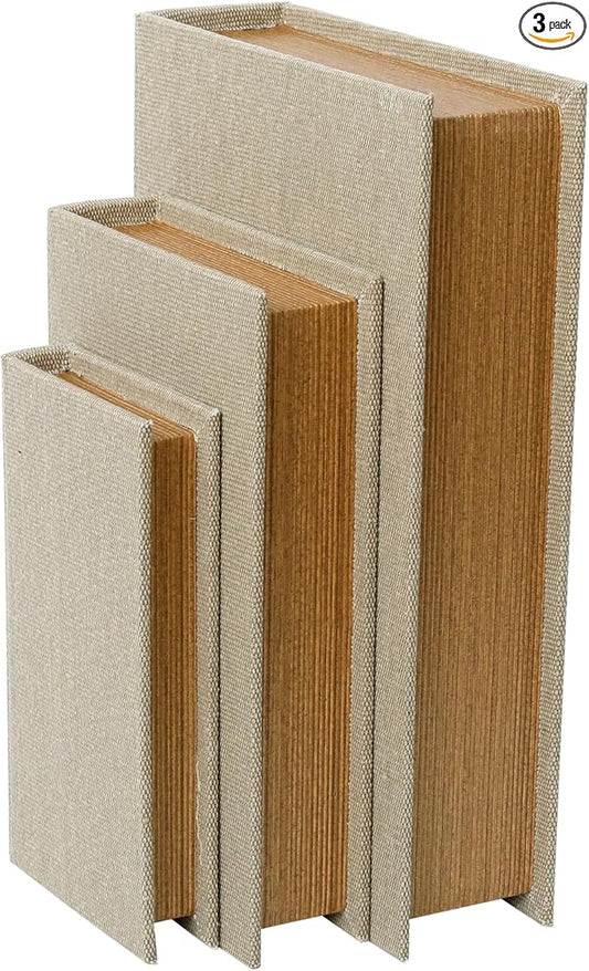 Decorative Book Boxes Set of 3 – Modern Faux Linen & Wood Hidden Storage for Coffee Table – Stackable Fake Books for Shelf Decor, Remote Control & Jewelry Organizer (Linen)