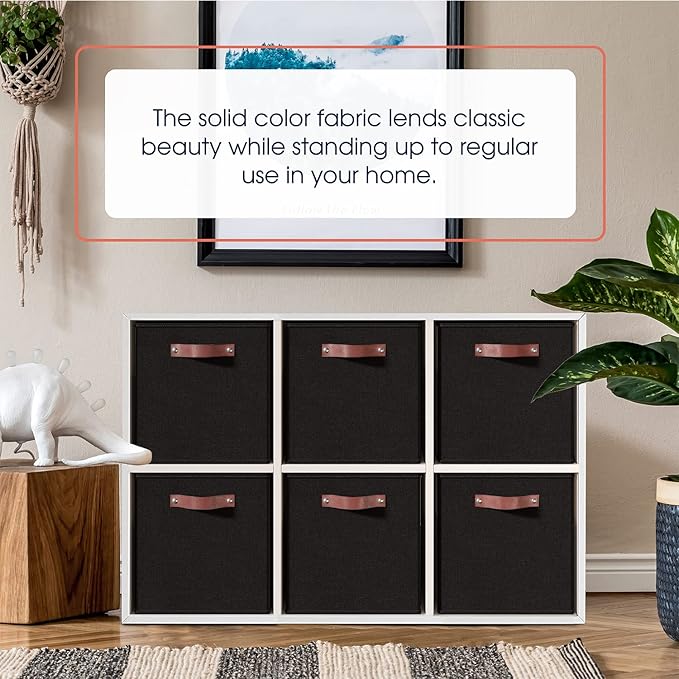 Ornavo Home 13 x 15 x 13 Kallax Storage Cube Bins, Foldable Collapsible Fabric Storage Bins Box Linen Shelf Basket Cube Organizer for Closet with Leather Handles, 6 Pack, Black