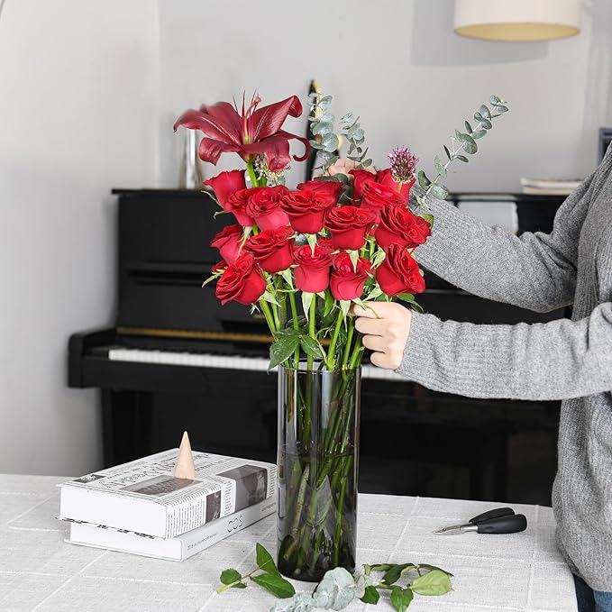 Flower Vase, Non-breakable Vases, 4" W x 16" H, Acrylic Grey Vase, Aesthetic Room Decor Cylindrical Modern Flower Vases for Table Centerpiece, Home Decor, Women Floral Arrangement Gift