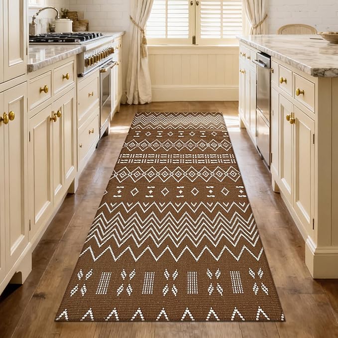winolive Boho Runner Rug for Kitchen 2x6 ft Washable Braided Rug,Non Slip Rubber Backed Faux Jute Rug,Cotton Entryway Runner Rugs Floor Carpet for Indoor Backdoor Bedroom,Brown/White