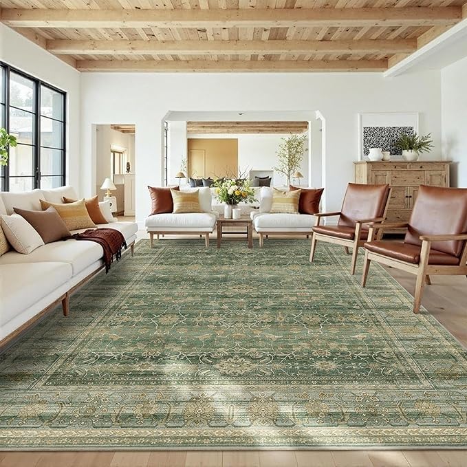 HelloTree Washable Rugs 8x10 Area Rug for Living Room, Vintage Boho Green Rug Non Slip Carpet Retro Accent Indoor Mat Print Distressed Low Pile Throw Large Rug for Office Dining Room Bedside-Green