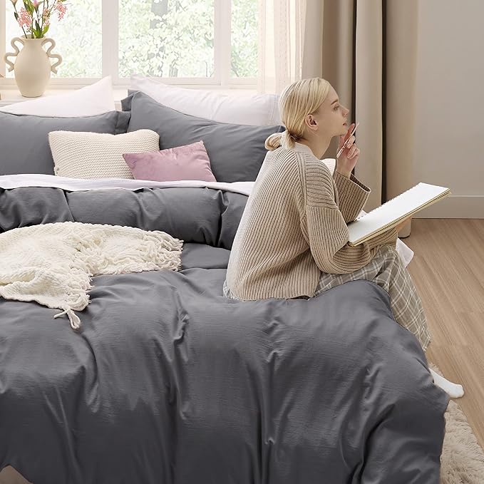 Bedsure Dark Grey Duvet Cover Queen Size Only - Prewashed Cotton-Like Extra Soft All Season Bedding, Includes 1 Duvet Cover 90x90 Inches with Zipper Closure, Comforter Not Included
