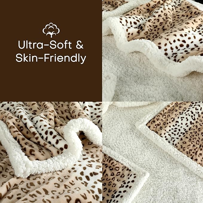 Electric Heated Blanket Throw Size 50"x60" - Microplush & Sherpa Fabric Dual-Sided, 9 Heat Settings & 3 Hours Auto Off, Cozy Warming Throw for Office or Bed, Machine Washable, Beige Leopard Print