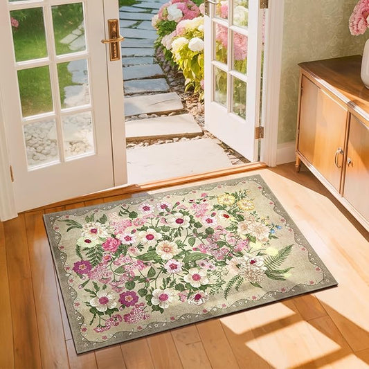 AREAMAY Door Mat Entrance 2x3 Rug - Floral Rugs Washable Small Area Rug Non-Slip Low Pile Carpet Throw Rugs for Indoor Entryway, Bedroom, Kitchen, Front Door, Entry, Kids Room - Brown