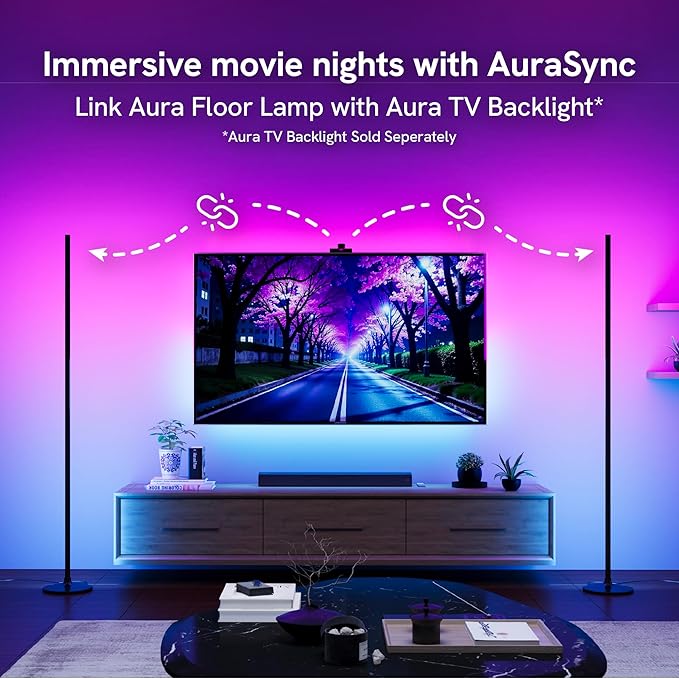 Aura RGBICW Floor Lamp, Ambient Lighting LED Corner Light App & Voice Control with Music Sync 1000 Lumen 4-Billion Colors, 90+ CRI, Preset & Custom Colors & Scenes, Modern Floor Lamps for Living Room