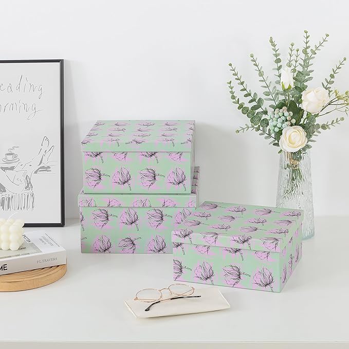 Soul & Lane Set of 3 Decorative Boxes with Lids, Square 11" x 11" Nesting Cardboard Storage for Home Décor in Green, Keepsake and Memory Boxes for Organizing, Sage Garden