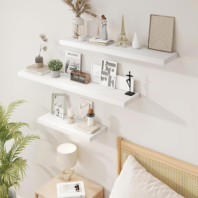 36in Floating Shelves for Wall, 36"W x 9.25"D x 1.25"H, 2 Pack Long Wall Mounted Engineered Wood Shelves with Invisible Brackets for Living Room, Bedroom, Bathroom, Kitchen Decor and Storage, White