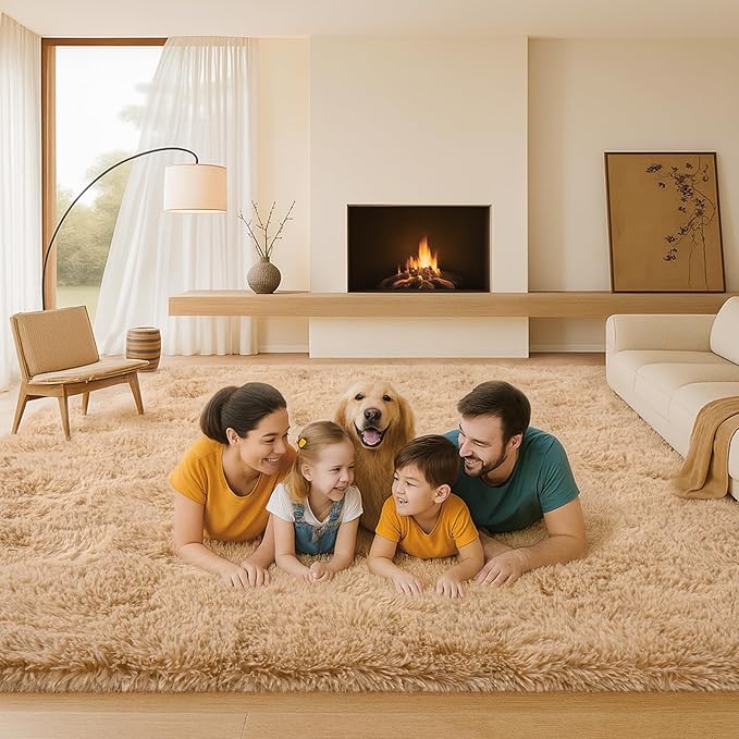 Mtandyx Fluffy Plush Shag Rug 5x7, Ultra Soft Rug for Living Room Bedroom, Non-Slip Fuzzy Area Rug for Living Room, Carpet for Girl Boy Kids,Modern Indoor Home Decor Aesthetic,Beige