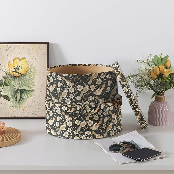 Soul & Lane Large Oval Cardboard Decorative Storage Boxes with Lids - Midnight Blossom Serenade, Set of 2 Cardboard Boxes for Flowers and Gifts, Nesting Memory Containers for Keepsakes and Organizing