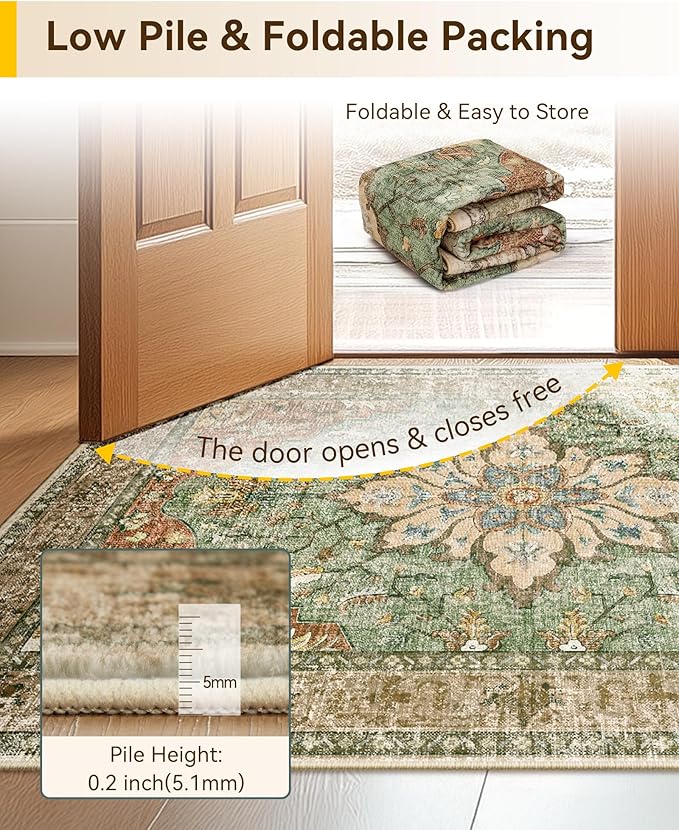 RELEANY Area Rugs 3'x7' Washable Non-Slip, Floral Vintage Distress Print Pattern Medallion Carpet for Living Room Bedroom Dining Room, Brick Red Rust Neutral Brown Burnt Orange Green