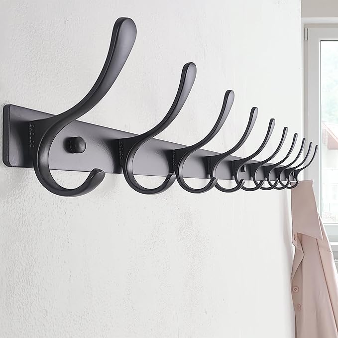 SKOLOO Coat Rack Wall Mounted - 10 Hooks, Heavy Duty, Stainless Steel, Metal Wall Hangers, Sturdy Coat Hooks for Hanging Coats, Jacket, Clothes, Hat, Black