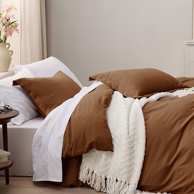 Bedsure Brown Duvet Cover Queen Size - 3 Pieces Prewashed Cotton-Like Extra Soft Bedding Set, Includes 1 Duvet Cover 90x90 Inches with Zipper Closure & 2 Pillow Shams, Comforter Not Included