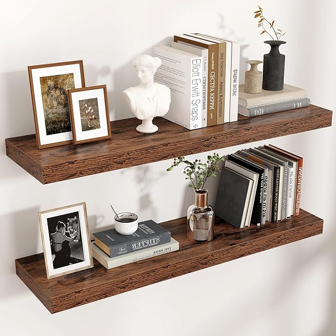Floating Shelves for Wall, Engineered Wood Wall Shelves with Invisible Brackets for Living Room Bedroom Bathroom Office Kitchen Decor and Storage (Brown, 36" W x 9" D x 1.5" H) Set of 2