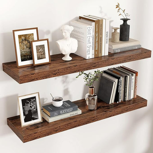 Floating Shelves for Wall, Engineered Wood Wall Shelves with Invisible Brackets for Living Room Bedroom Bathroom Office Kitchen Decor and Storage (Brown, 36" W x 9" D x 1.5" H) Set of 2