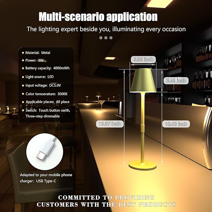 4-Pack Cordless Table Lamps - 5000mAh Rechargeable Battery Operated Desk Lamp, 3-Level Dimmable LED Night Light for Bedroom, Dining, Restaurant - Metal Design (Champagne Gold 4Pack)