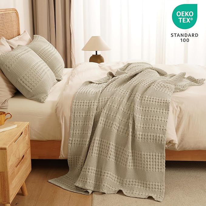 PHF 100% Cotton Waffle Weave Throw Blanket, Soft Lightweight Breathable Cozy Throws for Couch Bed Sofa, 300 GSM Luxury Aesthetic Blanket Gift for Home Decor & Office, 50"x60", Khaki