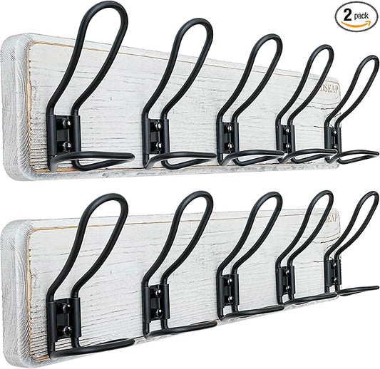 Dseap Coat Rack Wall Mounted - Heavy Duty Farmhouse Rustic Wall Coat Hanger With 5 Wire Hooks for Clothes Hat Jacket Towel, RusticWire, G25A, Whitewash & Black, Pack of 2