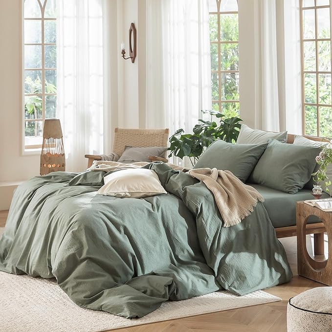MooMee Bedding Duvet Cover Set 100% Washed Cotton Linen Like Textured Breathable Durable Soft Comfy (Heathered Green, King 104"x90")