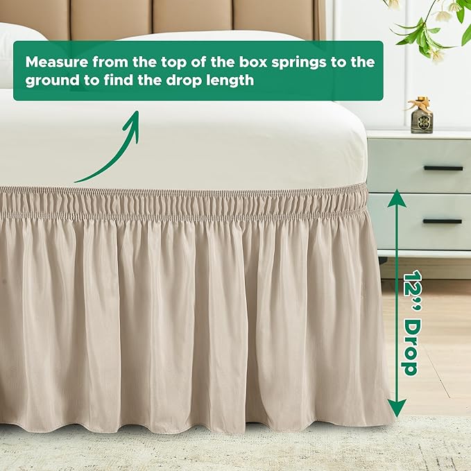 Biscaynebay Wrap Around Bed Skirts for Queen Beds with Short Drop of 12", Light Camel Adjustable Elastic Dust Ruffles Easy Fit Wrinkle Resistant Silky Luxurious Fabric Machine Washable
