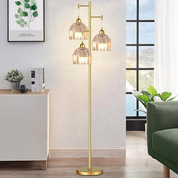 WLQCWL Modern Floor Lamp for Living Room Bedroom-3 Light Gold Floor Lamp with Glass Lampshape, Flower Tall Lamp Glass Standing Lamp Tree Floor Lamps for Living Room Bedroom,Corner