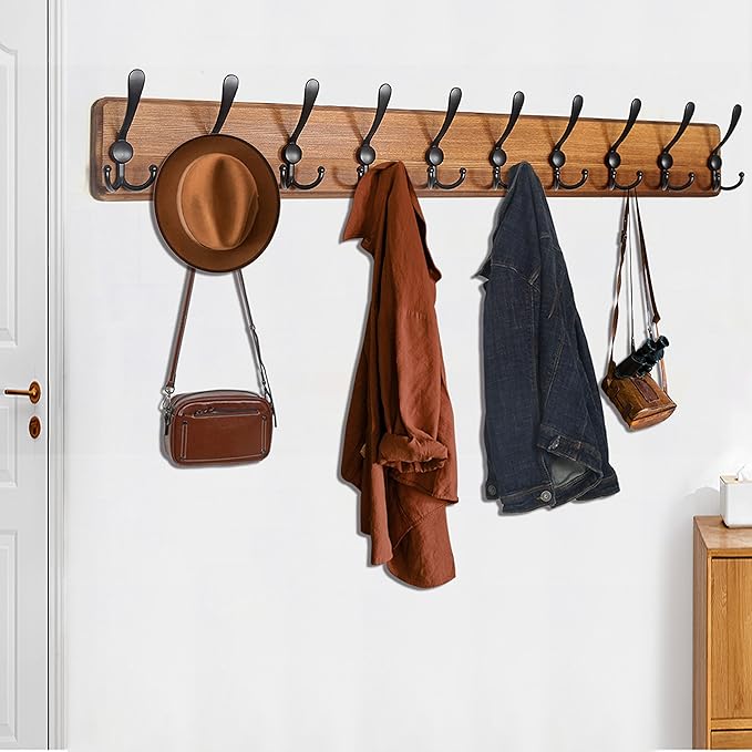 WEBI Coat Rack Wall Mount,38 9/16" Long,10 Hooks,Coat Hooks Wall Mounted,Coat Hanger Wall,Farmhouse Wood Hook Rack Rail,Triple Hooks for Hanging Coats,Clothes,Jacket,Brown