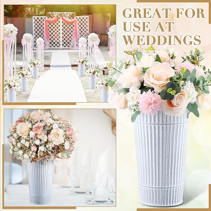 Layhit 6 Pcs 12 Inch Galvanized Flower Buckets Metal Flower Vases with Handle Farmhouse French Bucket Planter Floral Container for Flowers Wedding Bridal Shower Home Table Decor(Retro White)