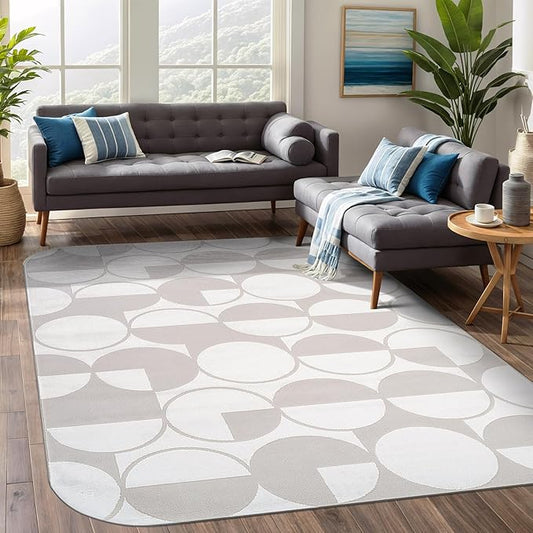Beverly Rug Modern Geometric Area Rug 5x7 Low-High Pile Durable Soft Abstract Circular Indoor Rugs for Living Dining Room Office Stain Resistant Non Shedding Casual Indoor Carpet Beige White 5 x 7