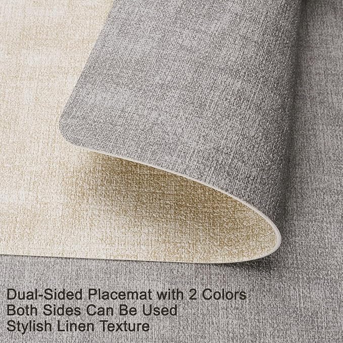 Myir JUN Reversible Vinyl Placemats Set of 4, Faux Leather Place Mats Dual Sided Waterproof Wipeable, Heat-Resistant Table Mats for Kitchen Dining Indoor Outdoor (12" x 17", Light Gray Cream-White)