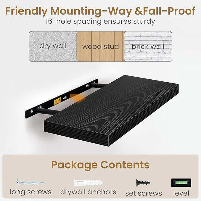 Fun Memories 48 Inch Floating Shelves in Black, 9.3 Inch Deep Floating Shelf for Bathroom Living Room Kitchen, Rusitc Wall Mounted Bathroom Shelves 1 Pack, Heavy-Duty Deep Shelf for Books Decor