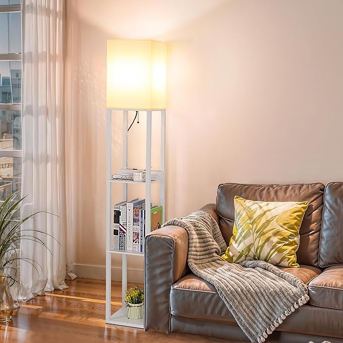 SHINE HAI Shelf Lamp, Modern Standing Lights with 1 USB Port and 1 Type C Port and 1 Power Outlet, 3-Tiered Display Floor Lamps with Shelves for Living Room, Bedroom, Office - White