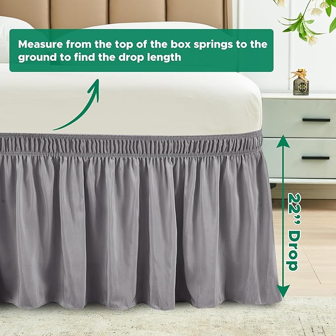 Biscaynebay Wrap Around Bed Skirts for Queen Beds 22" Long Drop, Silver Grey Adjustable Elastic Dust Ruffles Easy Fit Wrinkle Resistant Silky Luxurious Fabric Machine Washable