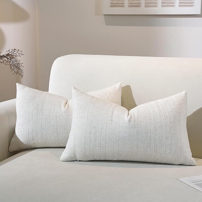 Set of 2 Decorative Linen Striped Throw Pillow Covers Neutral Farmhouse Vintage Cushion Covers Modern Boho Home Decor for Sofa Chair Couch Bedroom Living Room (Natural Linen, 20" x 12" (Pack of 2))