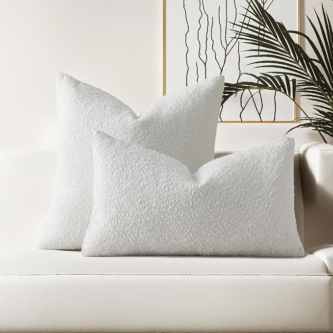 HAUSSY Christmas White Set of 2 18x18 Decorative Throw Pillow Covers, Soft Cozy Textured Boucle Couch Cases, Home Decor for Couch Bed Living Room
