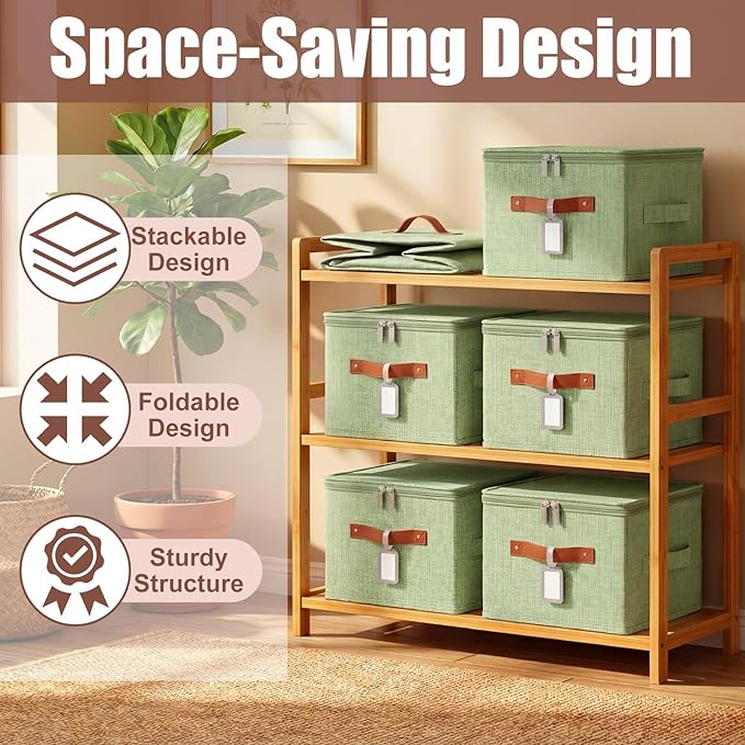 6 Pack Fabric Storage Bins with Lids and Label, 10×8×7Inch Foldable Cotton Linen Cute Storage Boxes with PU Leather Handles for Closet, Bedroom, Shelf, Nursery, Green