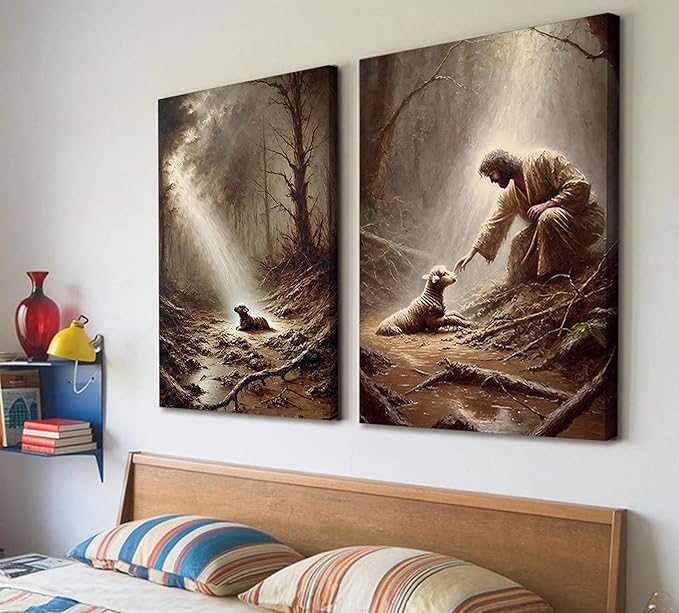2Pcs Jesus and Lamb Wall Art The Good Shepherd Wall Decor Religious Christian Canvas Painting Jesus Saves the Lost Sheep Poster Prints for Church Bedroom Living Room Home Decoration 12"x16"