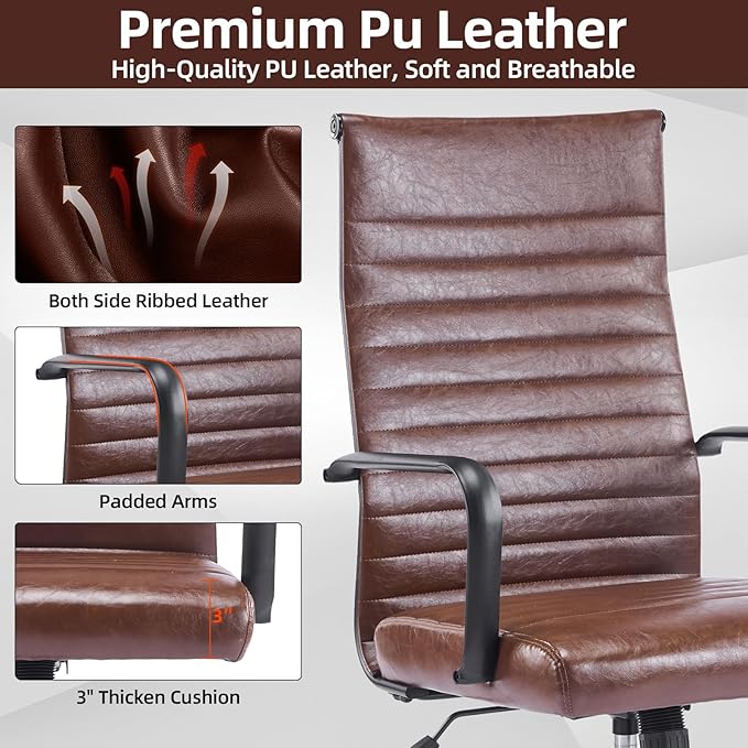 Haranuo Office Chair, Ergonomic Executive Conference Room Chairs, Ribbed Leather Desk Chair with Lumbar Support, Adjustable Height Mid-Back Swivel Chair with Padded Seat