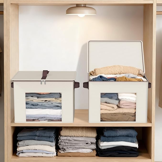 Zilink Fabric Storage Bins with Lid 4-Pack Stackable Cloth Storage Bins Sweater Organizer with Zipper & Clear Window Closet Organizers and Storage Box for Home, Office, Bedroom (Beige,17" x 12" x 12")