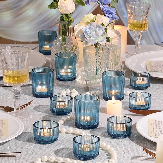 10pcs Ribbed Blue Votive Candle Holders, Assorted Tea Light Candle Holder Glass, Blue Candle Holders for Table Centerpiece, Wedding Table Settings and Party Decorations