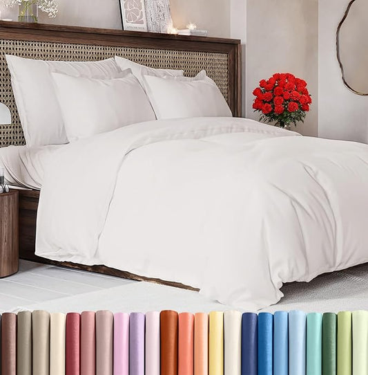 Duvet Cover Cal King Size Set - Extra Soft Cal King Size Duvet Cover 104 x 98 with 2 Pillow Shams - Hotel Luxury & Fade Free w/Zipper Closures & Ties - Comfy Breathable Bedding Set (Antique White)
