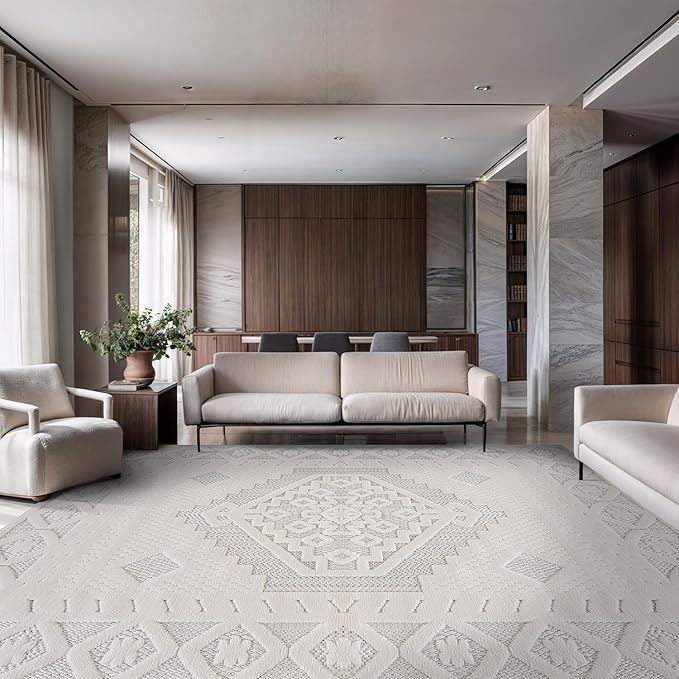 Luul Home Modern Micro Loop Indoor Area Rugs for Living Room Bedroom Kitchen Geometric Trellis White 5x7 Luxury Durable Low and High Pile Non-Shedding Stain Resistant Soft Area Carpet 5 x 7