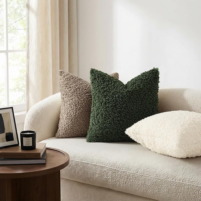 decorUhome Pack of 2 Throw Pillow Covers 18x18 Inch, Faux Fur Decorative Sherpa Pillow Covers Fuzzy Accent Soft Sheepskin Fleece Pillow Cases for Couch Living Room Bed, Olive Green