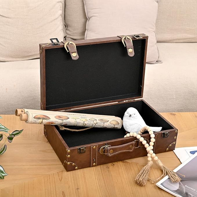 Vintage Leather & Wood Storage Box – Compact Decorative Suitcase Chest with Classic Design, Perfect for Keepsakes, Travel, and Home Organization