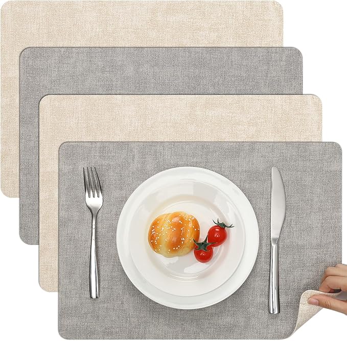 Myir JUN Reversible Vinyl Placemats Set of 4, Faux Leather Place Mats Dual Sided Waterproof Wipeable, Heat-Resistant Table Mats for Kitchen Dining Indoor Outdoor (12" x 17", Light Gray Cream-White)