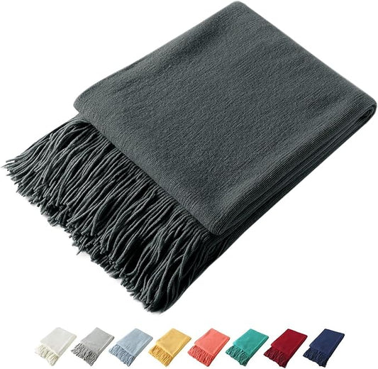 Homiest Decorative Knitted Throw Blanket With Fringe, Lightweight Acrylic Knit, Soft & Cozy Tassel for Couch Sofa Bed (Charcoal Grey, 50 x 60 Inch)
