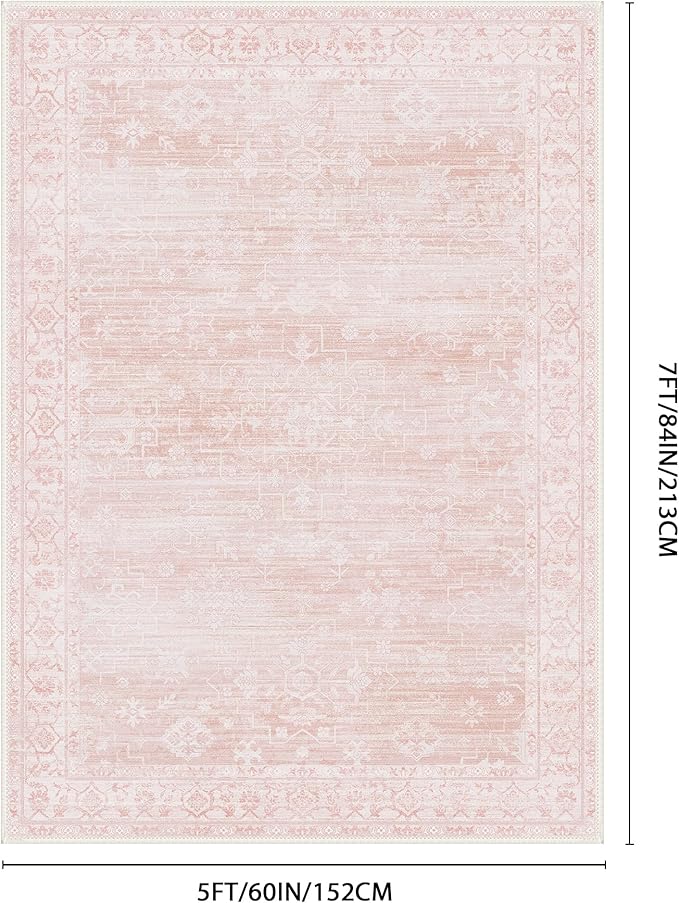 GENIMO 5x7 Area Rugs for Living Room,Machine Washable Non-Slip Vintage Rug, Low Pile Lightweight Carpet for Bedroom, Dining Room, Home Office, Stain & Fade Resistant,Pink