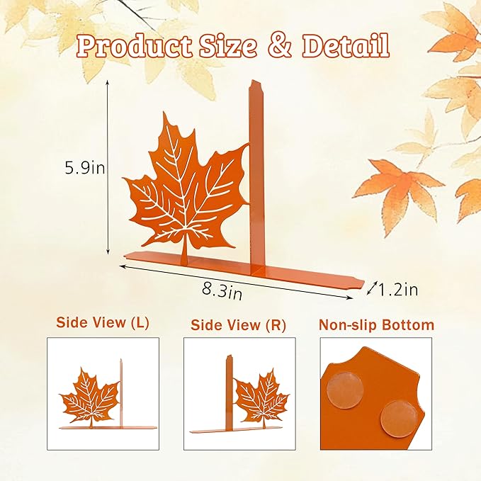 Maple Leaf Decor Bookends Leaves Decor for Fall Cute and Unique Novelty Book Ends for Kids Flower and Plant Room Decor(Orange Yellowk)