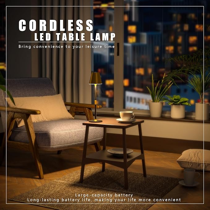 2-Pack Cordless Table Lamps - 5000mAh Rechargeable Battery Operated Desk Lamp, 3-Level Dimmable LED Night Light for Bedroom, Dining, Restaurant - Metal Design(Gold&Black 2-Pack)