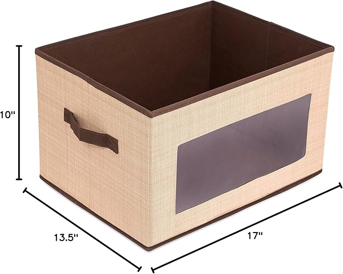 Internet's Best Storage Box with Window - Durable Storage Bin Basket Containers with Lids and Handles - Clothes Nursery Toys Organizer - Brown (Beige)