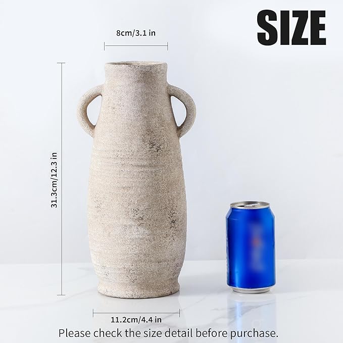Ceramic Rustic Farmhouse Vase, Distressed Decorative Flower Vase for Home Decor, Ideal Shelf Decor, White Boho Vase for Living Room Bedroom Kitchen Office Decor Centerpiece Table Decorations